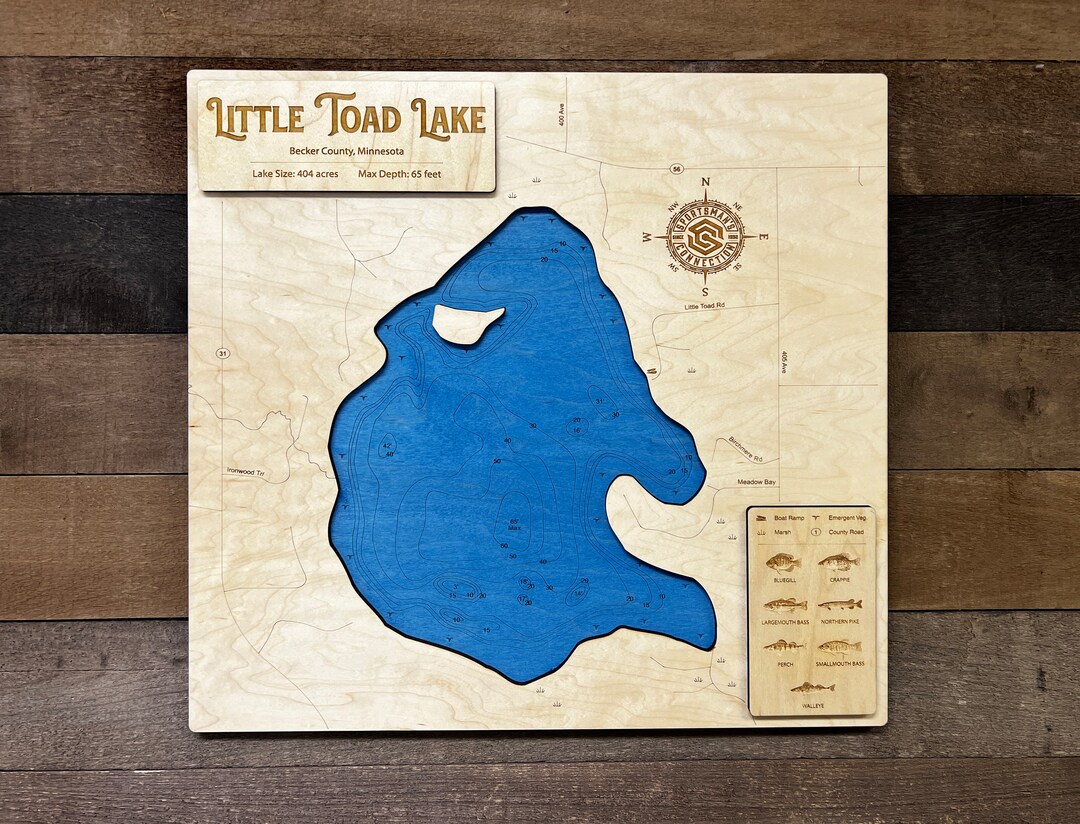 Little Toad Lake becker Co, MN Wooden Engraved Map, Wall Art, Home