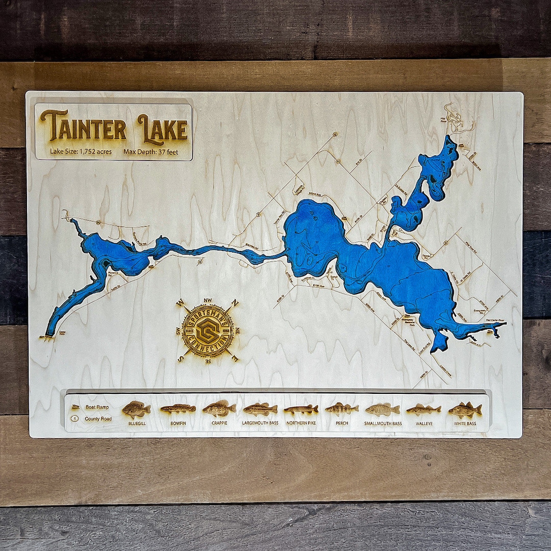 Tainter Lake dunn Co, WI Wooden Engraved Map, Wall Art, Home Décor