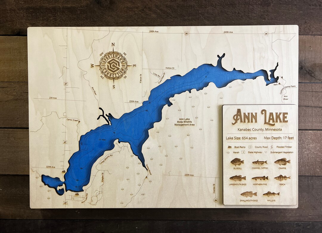 Ann Lake kanabec Co, MN Wooden Engraved Map, Wall Art, Home Décor, Lake