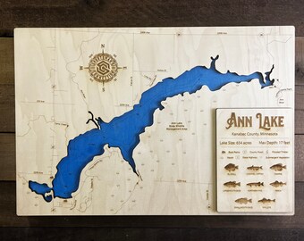 Ann Lake (Kanabec Co, MN) - Wooden Engraved Map, Wall Art, Home Décor, Lake Home, Nautical, Memorabilia, Topography