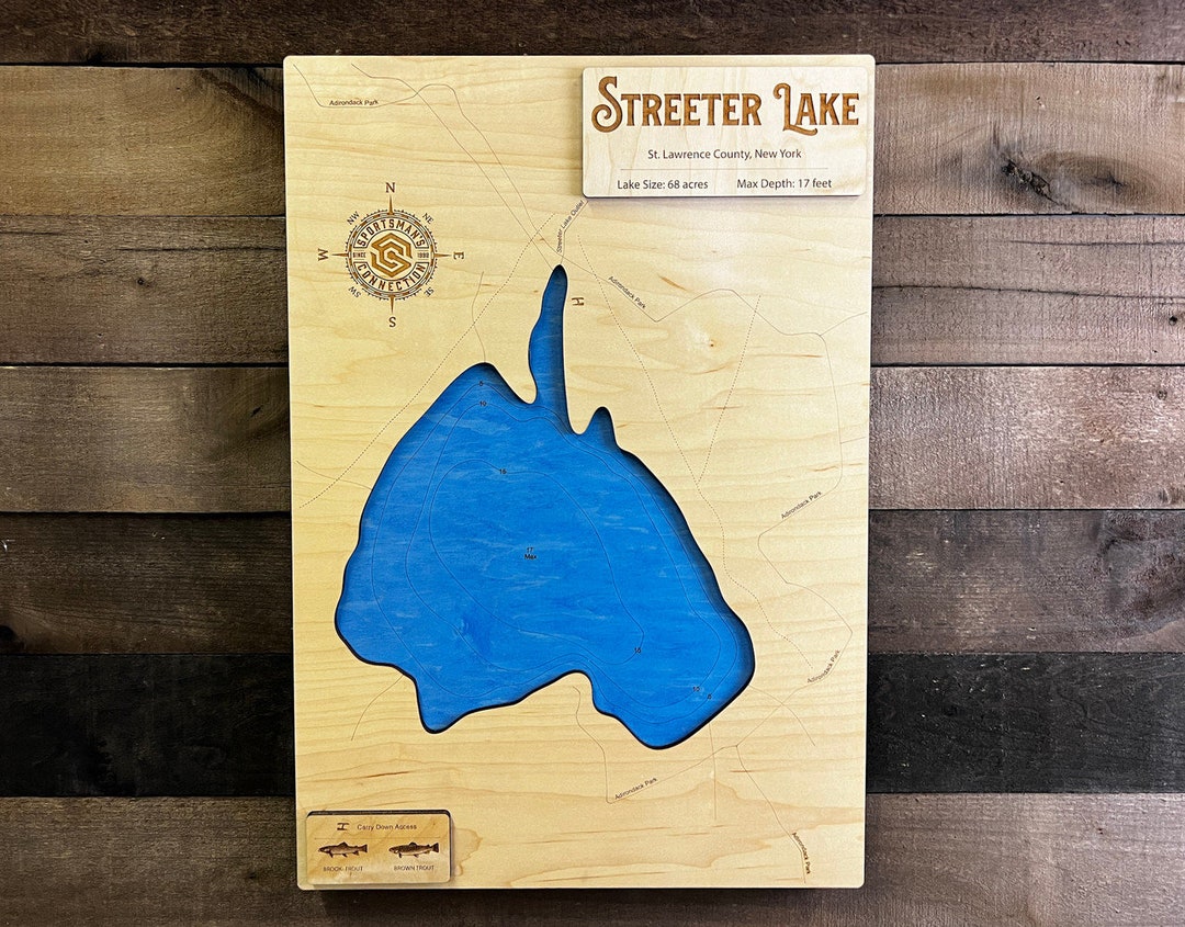 Streeter Lake st. Lawrence L Co, NY Wooden Engraved Map, Wall Art, Home