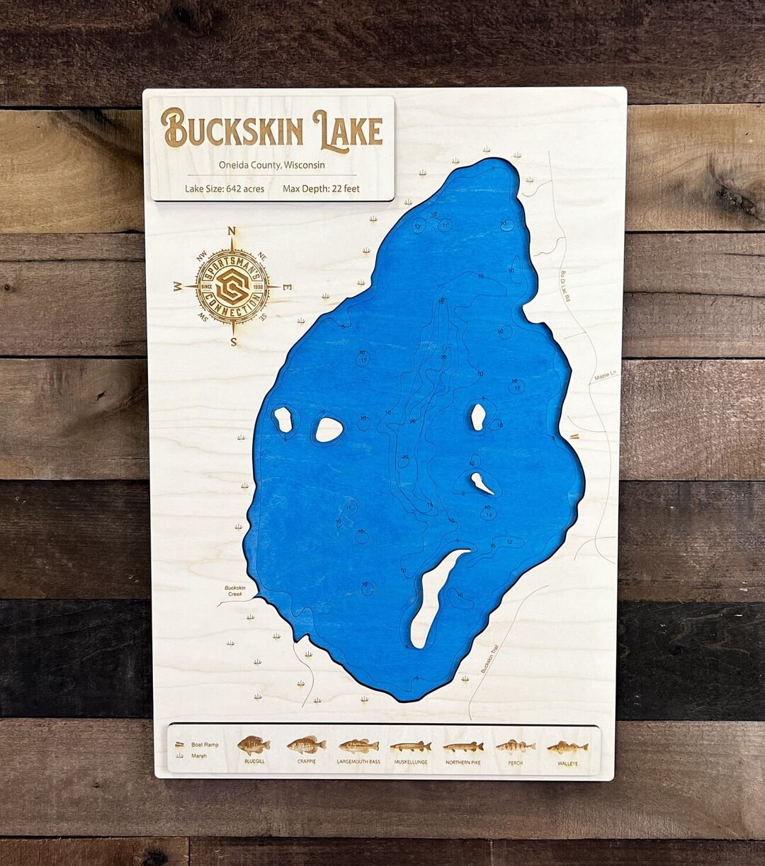 Buckskin Lake oneida Co WI Wooden Engraved Map Wall Art Etsy