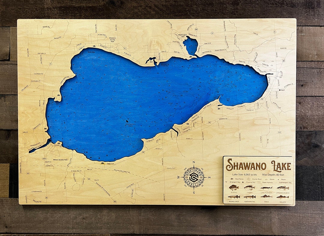 Shawano Lake shawano Co, Wisconsin Wooden Engraved Map, Wall Art, Home
