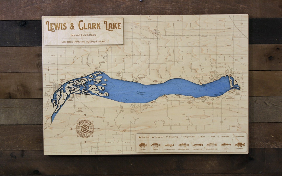 Lewis and Clark Lake NE and SD Wooden Engraved Map, Wall Art, Home