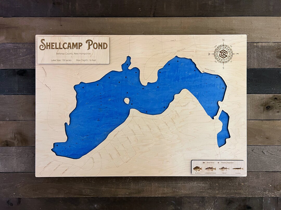 Shellcamp Pond belknap Co, NH Wooden Engraved Map, Wall Art, Home Décor