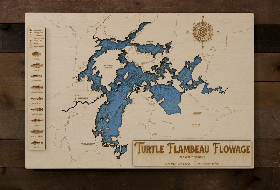 Turtle Flambeau Flowage iron Co, WI Wooden Engraved Map, Wall Art, Home