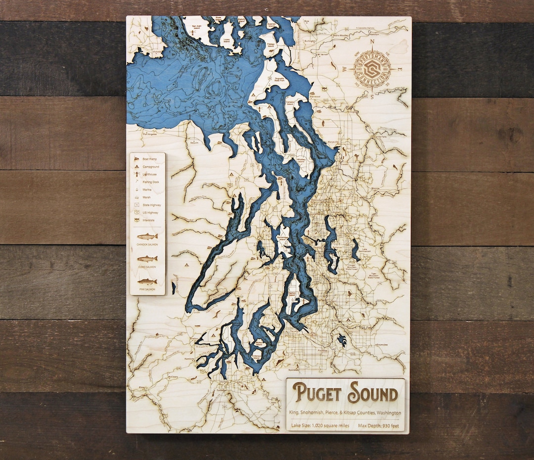 Puget Sound king/snohomish/pierce/kitsap Co, WA Wooden Engraved Map
