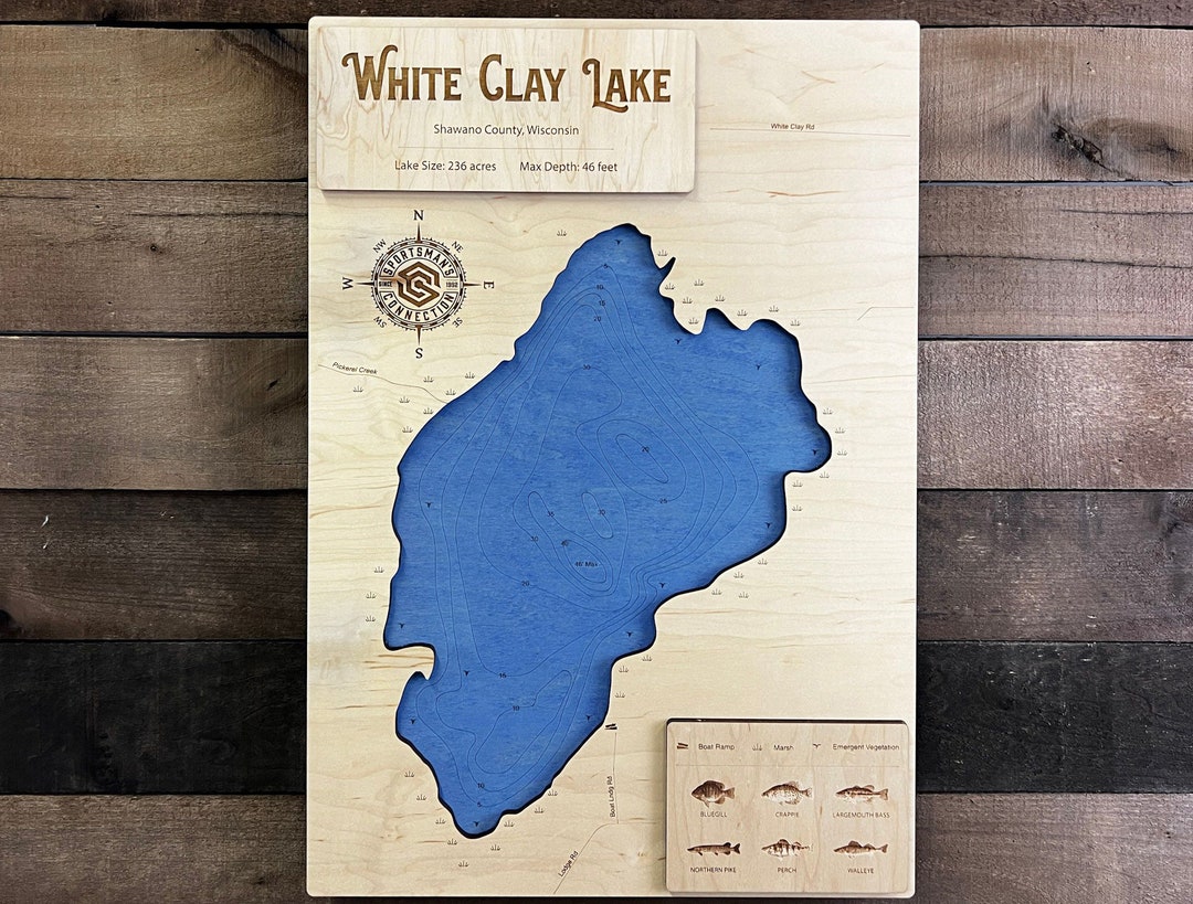 White Clay Lake shawano Co, WI Wooden Engraved Map, Wall Art, Home