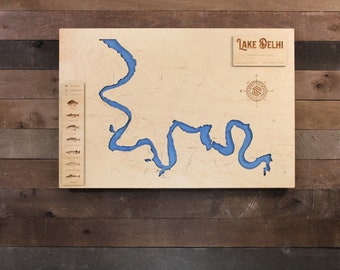 Delhi Lake (Delaware Co, IA) - Wooden Engraved Map, Wall Art, Home Décor, Lake Home, Topography, Nautical, Memorabilia