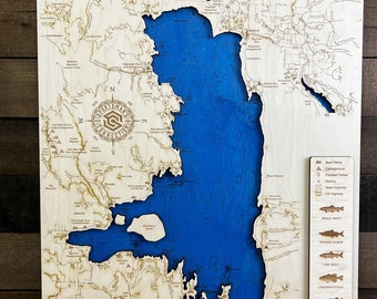 Flathead Lake (Lake Co, MT) - Wooden Engraved Map, Wall Art, Home Décor, Lake Home, Nautical, Memorabilia