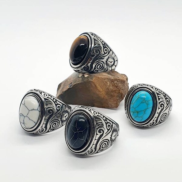 Bague chevalière en acier inoxydable 316L avec un look vintage ornée de pierre naturelle œil du tigre agate noire