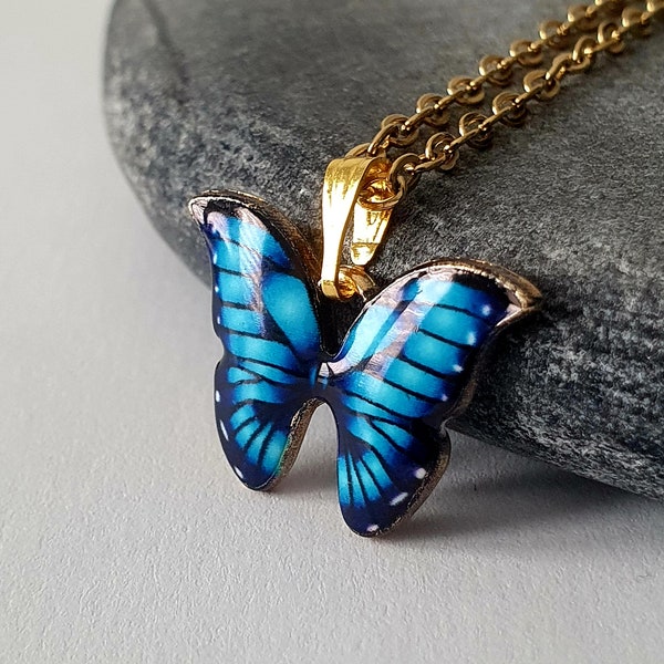 Collier en acier inoxydable avec pendentif papillon bleu, idée cadeau pour femme,