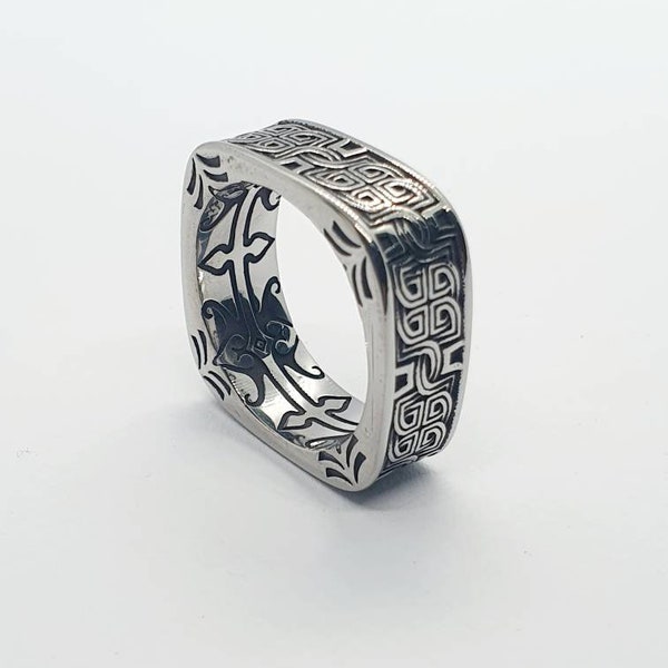 Unisex ring in high quality 316L steel, with vintage style engravings, gift for men and women, anniversary gift