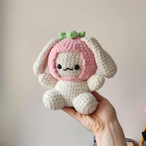 Strawberry Bunny Crochet Plush, Crochet Bunny Plushie With Strawberry Hood
