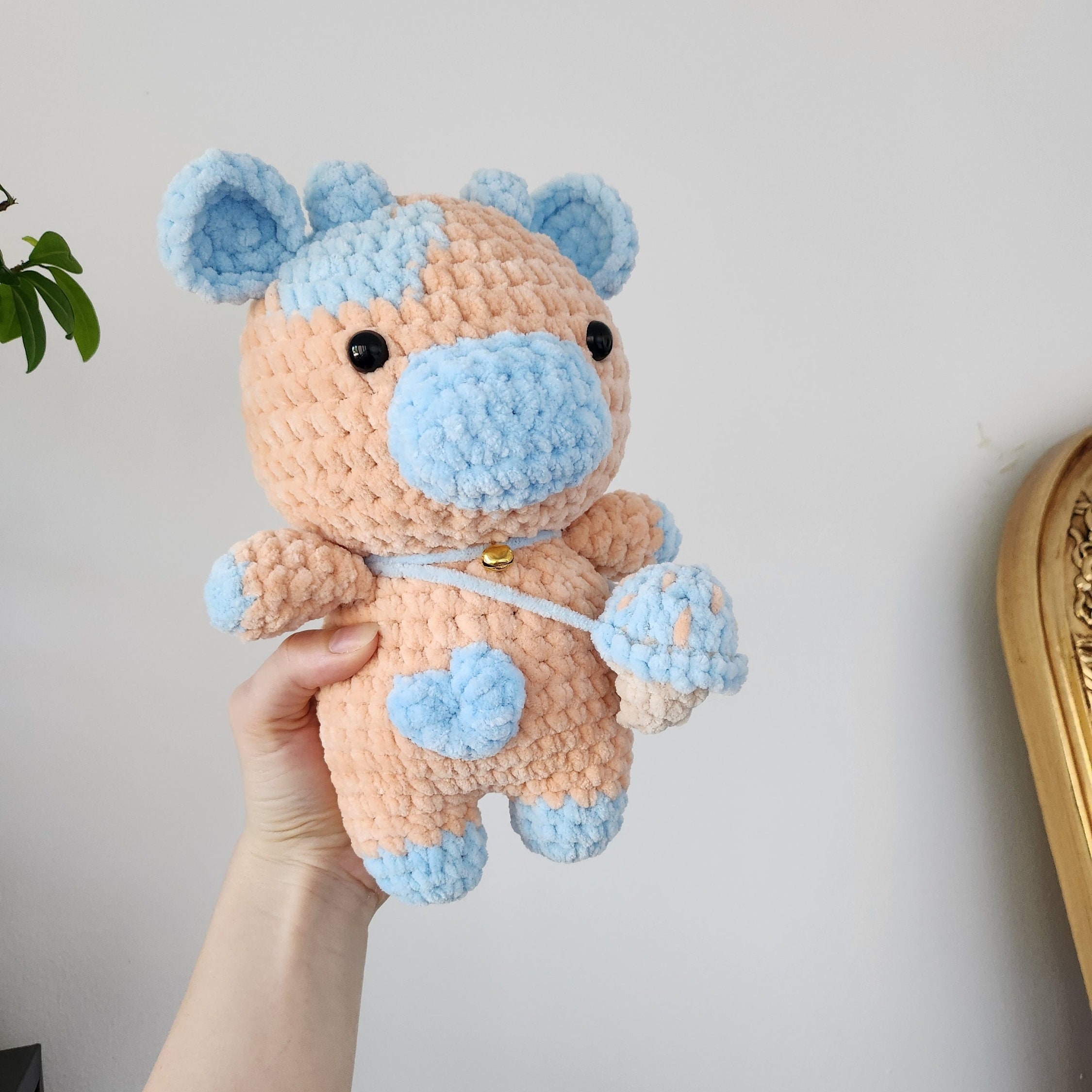 Peach and Blue Cow Plush, Crochet Cow Plushie With Blue Raspberry Ice ...