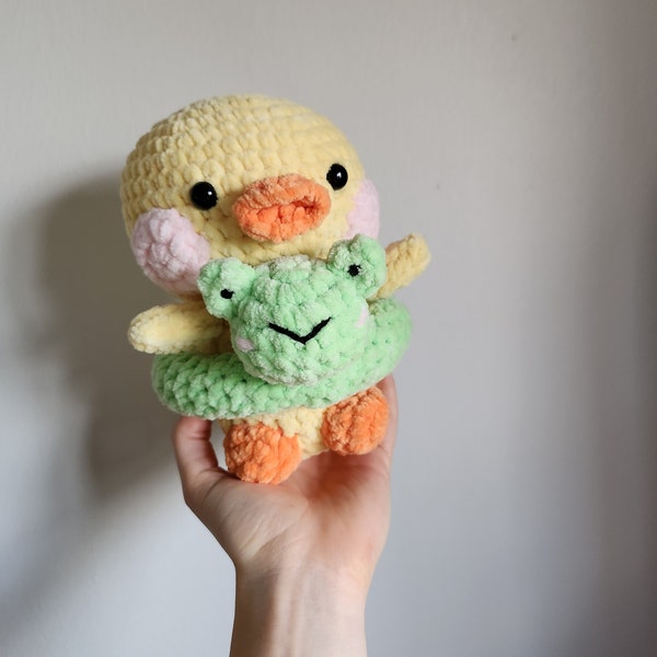 Amigurumi Yellow Duck With Floaty Plushie, Duck Plushy, Duck Stuffed Toy With Frog Ring Plush Toy