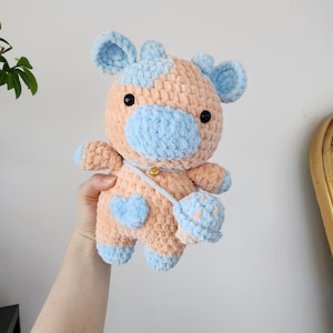 Peach and Blue Cow Plush, Crochet Cow Plushie with Blue Raspberry Ice Cream Bag