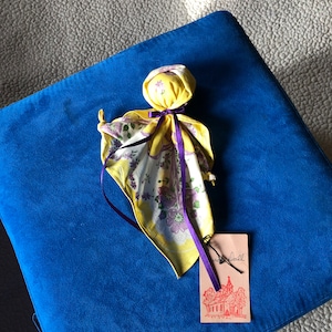Handkerchief to Church Doll Antique Yellow n Purple Hankie with Purple Ribbon