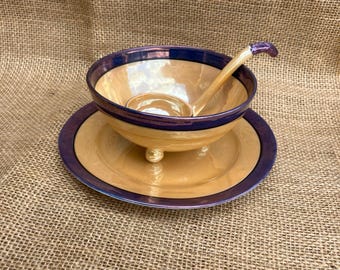 Conjunto de tigelas com pés vintage Lusterware: porcelana azul e pêssego, feito no Japão