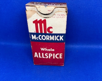 Vintage kartonnen kruidendoosje piment McCormick merk gestempeld 23 cent Baltimore MD