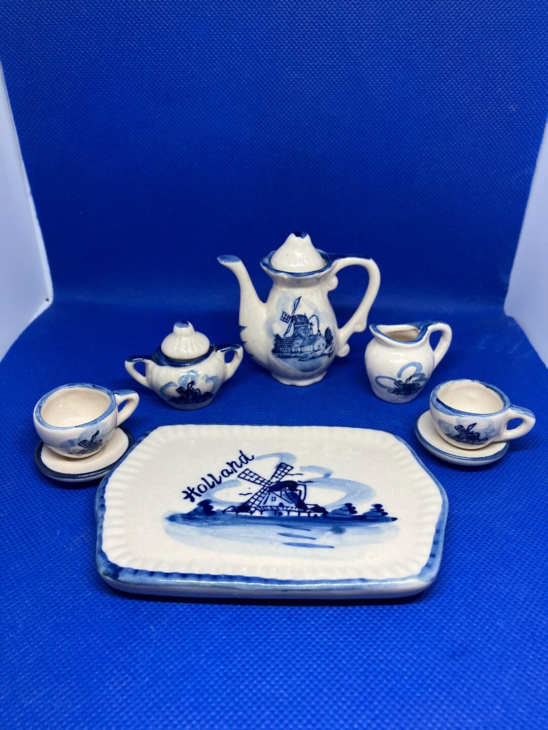 Miniature Delft Deco Porcelain Tea Set, 10 Pc Blue White Hand Painted ...