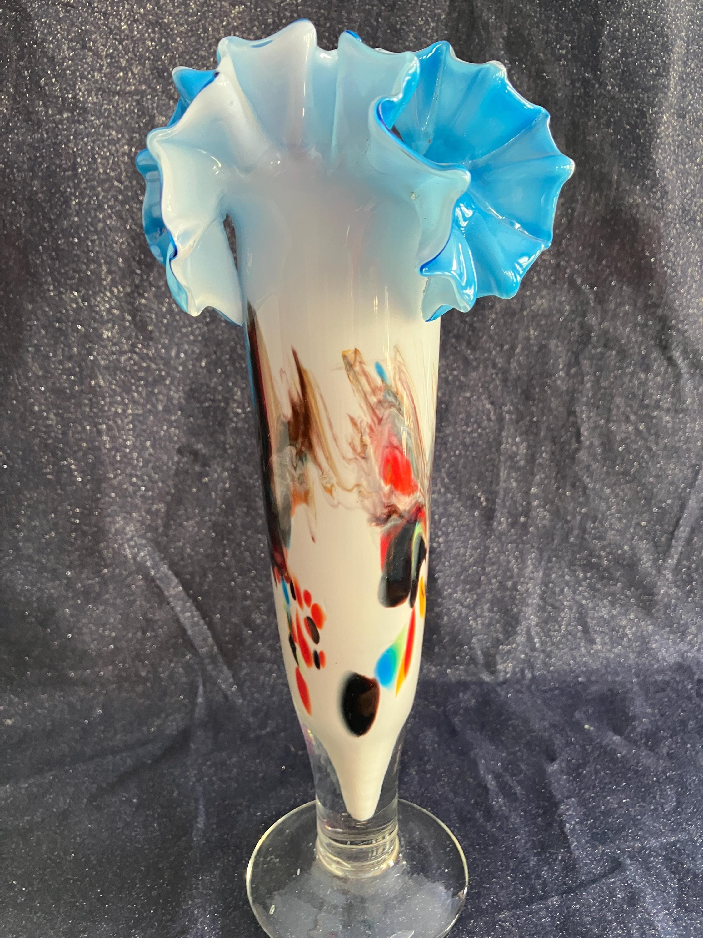 手吹きガラスの台座花瓶：溝付きブルーフリルマルチカラー - Etsy 日本