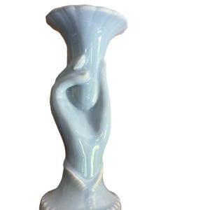 Vintage Pottery Hand Holding Trumpet Flower Light Blue Ceramic Vase Marked USA