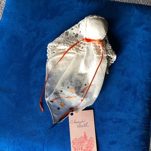 Handkerchief to Church Doll Antique Hankie with Crocheted Scarf n Orange Ribbon