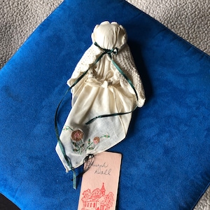 Antique Handkerchief Church Doll: Embroidered Flowers, Crocheted Scarf