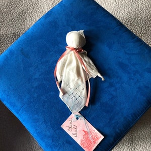 Handkerchief to Church Doll Antique White Hankie with Coral Colored Ribbon