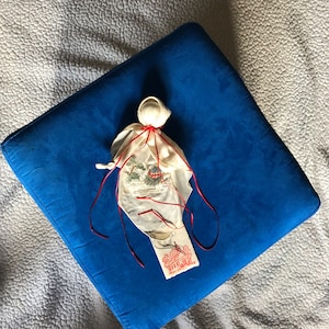 Handkerchief to Church Doll White Silky Antique Hankie with Red Ribbons Oriental Design