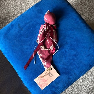 Handkerchief to Church Doll Antique Hankie with Deep Red n White Ribbons