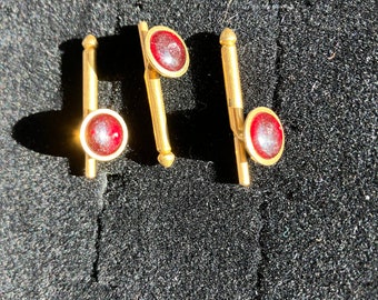 Vintage Set of 3 Shirt Studs with Gold Tone with Red Stone