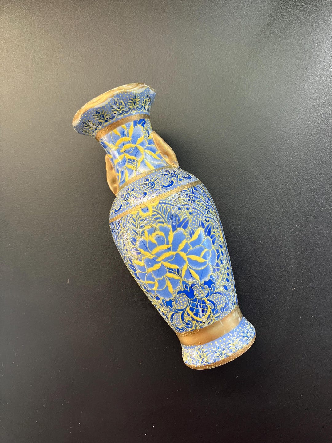 Vintage Porcelain Floral Vase Moriage Technique in Blue & Gold Marked ...