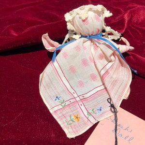 Antique Handkerchief Church Doll: Pink Embroidered Flowers, Crocheted Kerchief