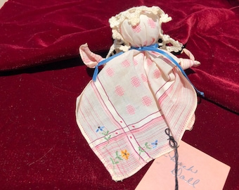 Handkerchief to Church Doll Pink n White Antique Hankie with Embroidered Flowers, Crocheted Kerchief, Blue Ribbons