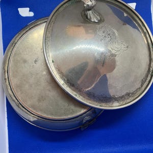 Vintage Silver Plate Silent Butler Crumb Catcher w/ Engraved Fish Lid