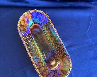 Ciotola per sedano in vetro iridescente ambrato oblungo vintage Carnival