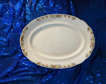Georgelyn Ivory Canonsburg Pottery Co Large Vintage Oval Serving Platter with Floral Rim edged in Gold