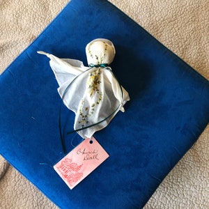 Handkerchief Church Doll: Antique Hankie with Flowers & Teal Ribbon
