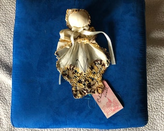 Handkerchief to Church Doll Pale Yellow Antique Hankie, Trimmed with Crocheted Butterfly, Off White Ribbon