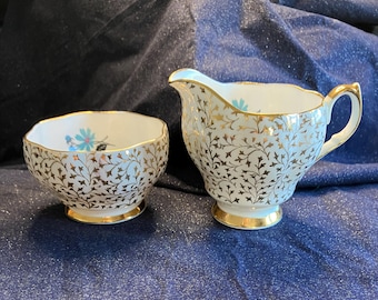 Queen Anne Bone China England White and Metallic Gold Sugar Bowl and Cream Pitcher Blue Flowers inside Marked with a Gold 6