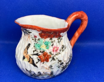 Decorative Creamer-Vintage Porcelain Featuring Ribbed Body and Hand-painted Birds and Floral Motifs