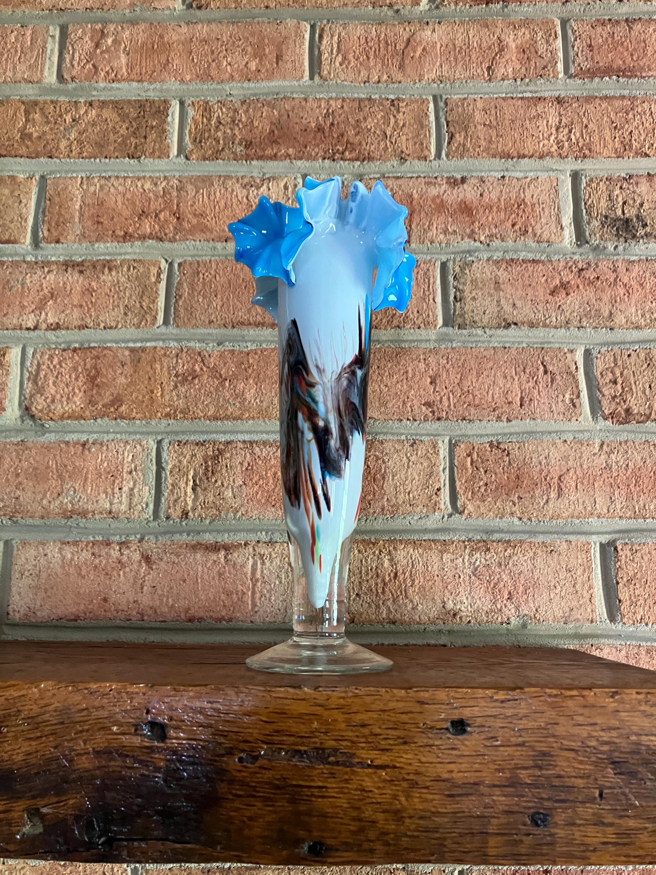 手吹きガラスの台座花瓶：溝付きブルーフリルマルチカラー - Etsy 日本