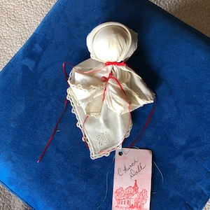 Handkerchief to Church Doll White Antique Hankie with Red Ribbons White Crocheted Trim