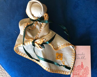 Handkerchief to Church Doll Antique Hankie/ Napkin Embroidered Yellow Flower n Trim, Dark Green Ribbons