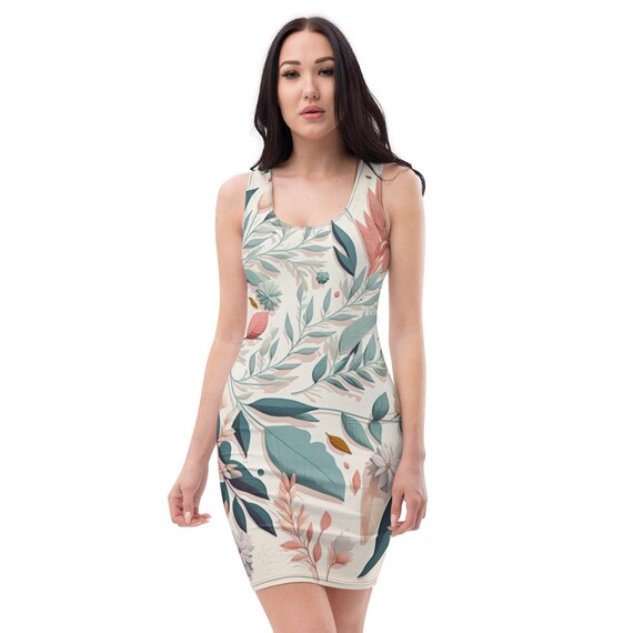 Bodycon White Cream Elegant Ivory Floral Sheath Dress with Green and Burgundy Plants Print Summer Dress with Sublimation Print tight Dress.