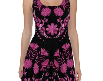 Premium Black and purple Otomi Style Mexican Short Dress Skater Summer Mexican Dress with print of purple flower and bird pattern.