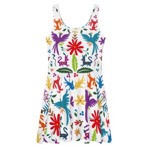 Premium White Otomi-Style Mexican Short Skater Dress Summer Dress with ULTRA high quality unfadeable print of Otomi flower and bird pattern