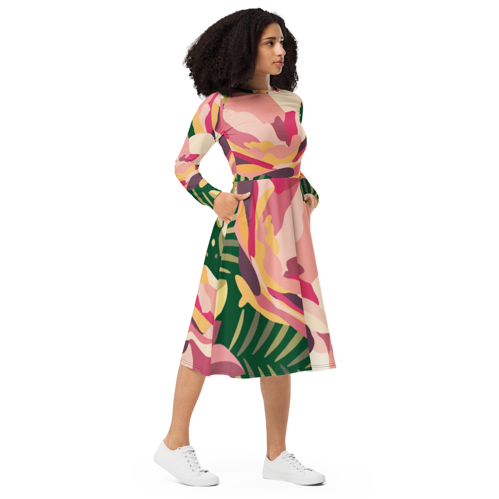 All-over print long sleeve midi dress